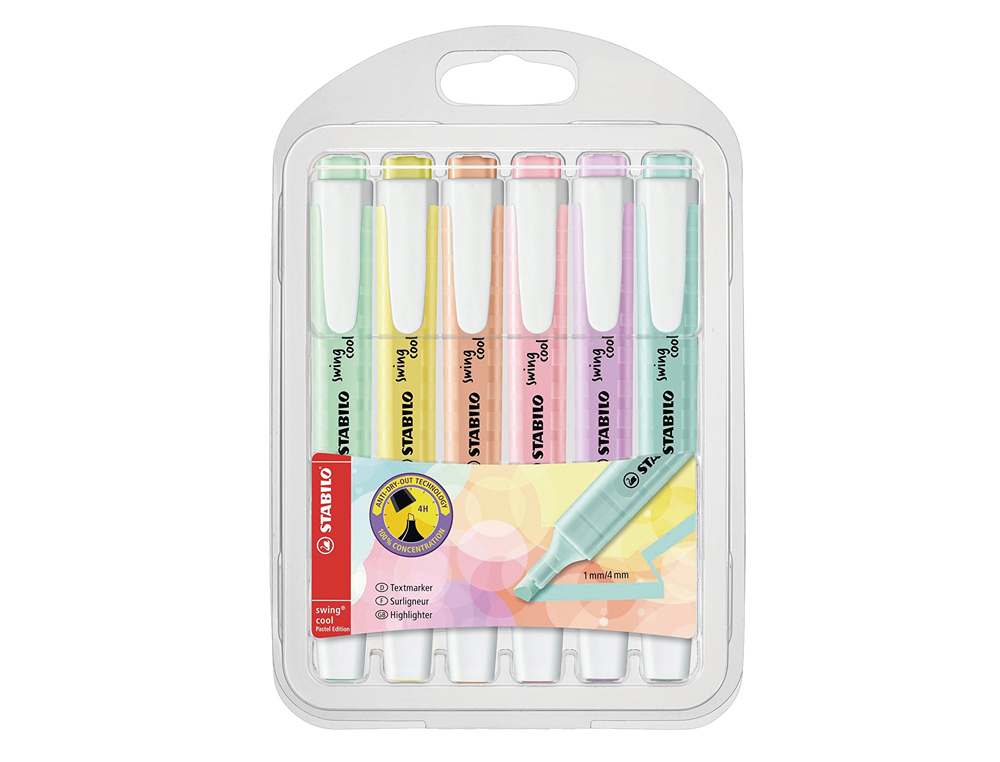 SURLIGNEUR STABILO SWING COOL PASTEL MODLE DE POCHE AVEC AGRAFE TRAC 1/4MM POCHETTE 6 COLORIS ASSORTIS