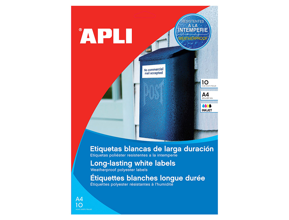 ÉTIQUETTE ADHÉSIVE APLI AGIPA JET D'ENCRE POLYESTER BLANC LONGUE DURÉE 99.1X139MM 10 FEUILLES 40 UNITÉS