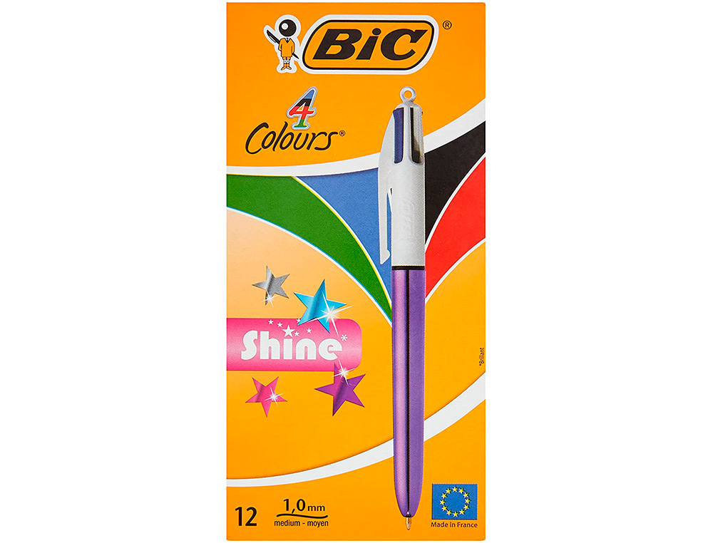 STYLO-BILLE BIC 4 COULEURS SHINE POINTE 1MM CRITURE MOYENNE CORPS VIOLET MTALLIS BRILLANT
