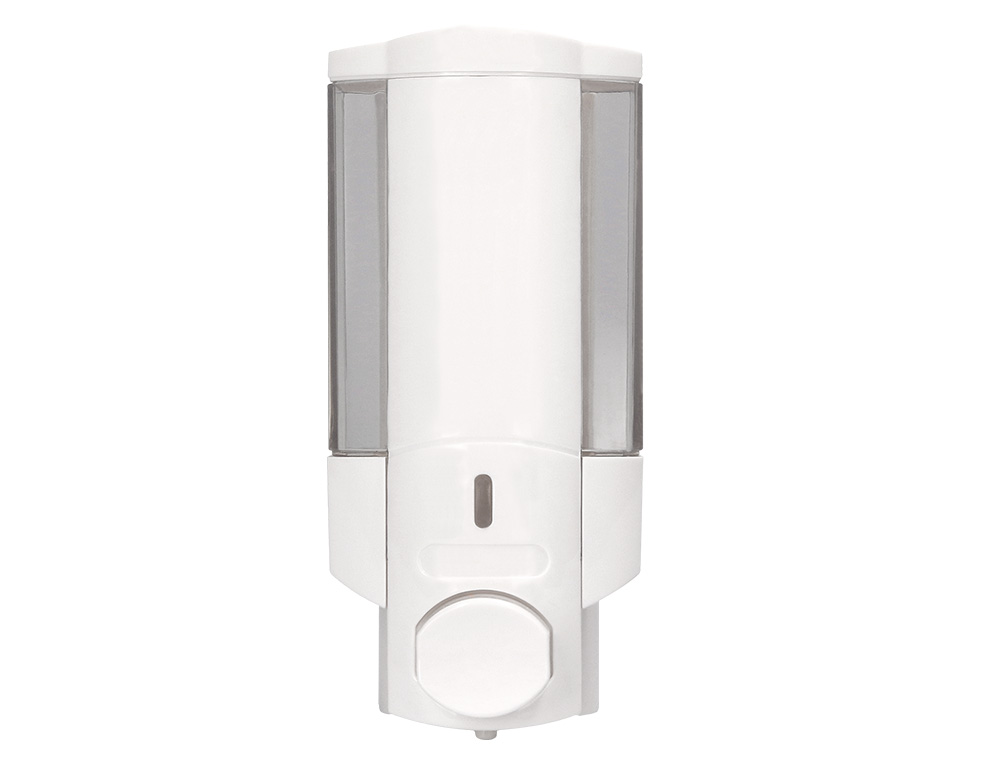 DISTRIBUTEUR SAVON Q-CONNECT MANUEL ACIER INOXYDABLE SERRURE VISEUR BLEU TRANSPARENT COLORIS BLANC 350ML 80X90X190MM