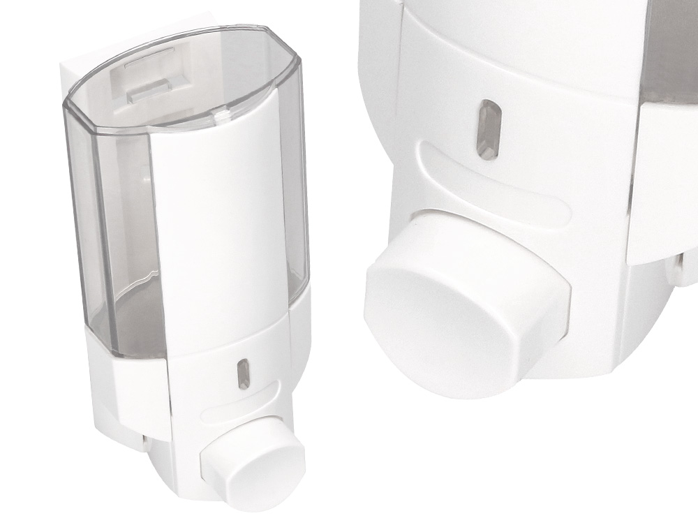 DISTRIBUTEUR SAVON Q-CONNECT MANUEL ACIER INOXYDABLE SERRURE VISEUR BLEU TRANSPARENT COLORIS BLANC 350ML 80X90X190MM