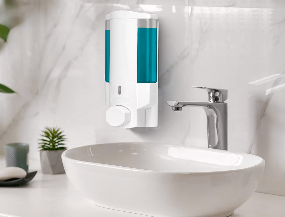 DISTRIBUTEUR SAVON Q-CONNECT MANUEL ACIER INOXYDABLE SERRURE VISEUR BLEU TRANSPARENT COLORIS BLANC 350ML 80X90X190MM