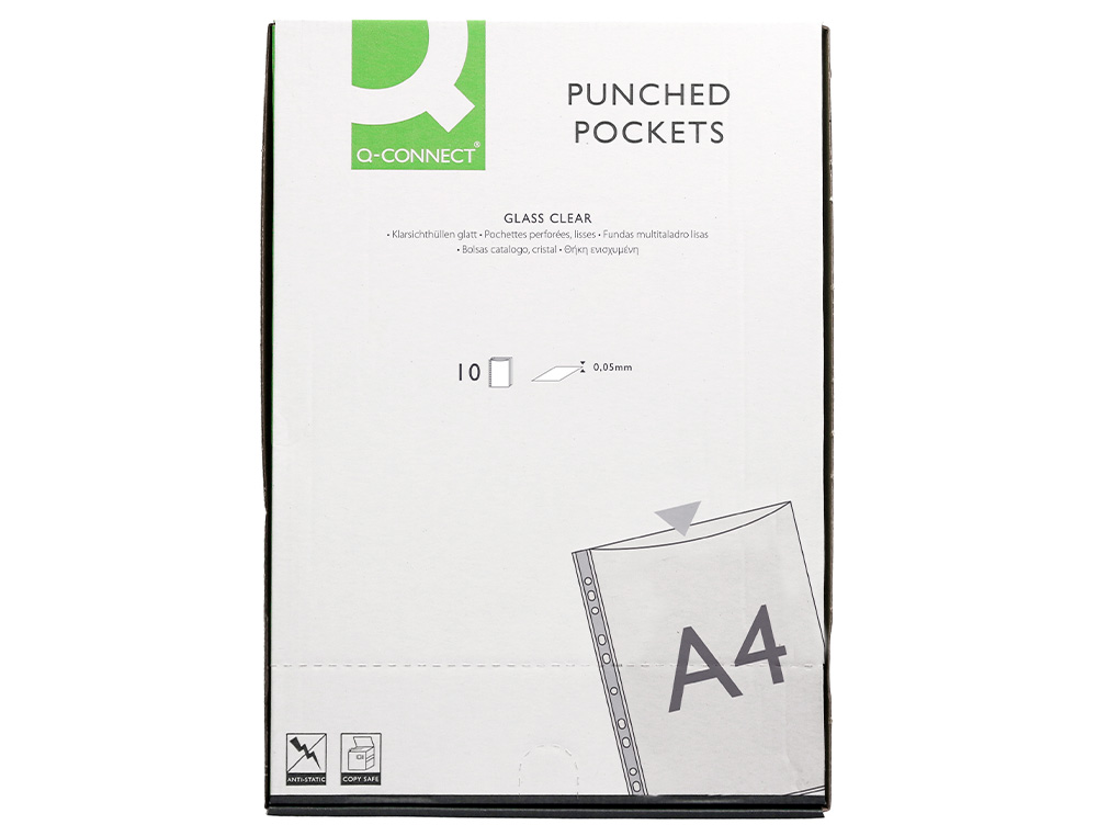 POCHETTE Q-CONNECT POLYPROPYLNE LISSE 5/100E PERFORE A4 CRISTAL ANTISTATIQUE SACHET 10 UNITS
