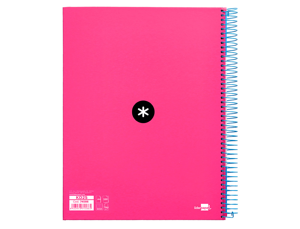 CAHIER SPIRALE LIDERPAPEL ANTARTIK A4 240P 100G COUVERTURE REMBORDÉE QUADRILLAGE 5MM 4 TROUS COIL-LOCK COLORIS ROSE FLUO
