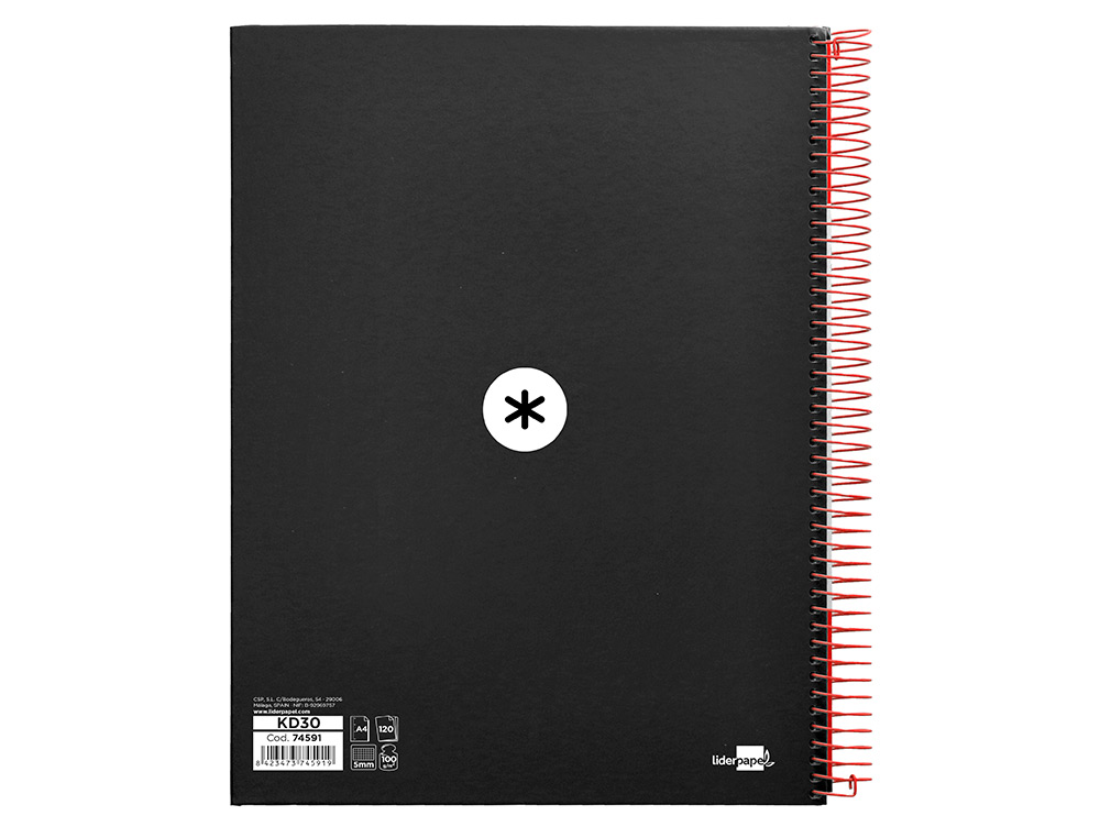 CAHIER SPIRALE LIDERPAPEL ANTARTIK A4 240P 100G COUVERTURE REMBORDÉE QUADRILLAGE 5MM 4 TROUS COIL-LOCK COLORIS NOIR