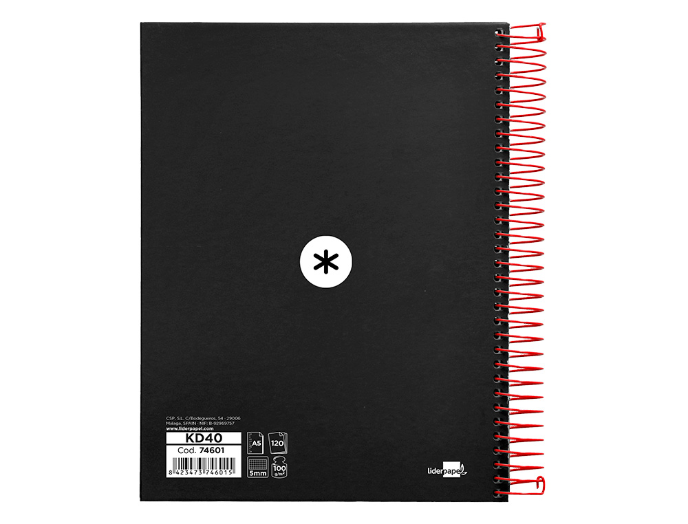 CAHIER SPIRALE LIDERPAPEL ANTARTIK A5 240P 90G COUVERTURE REMBORDÉE QUADRILLAGE 5MM 6 TROUS COIL-LOCK COLORIS NOIR