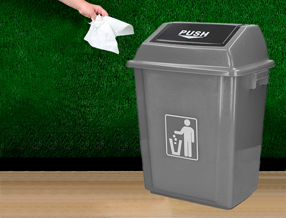 POUBELLE Q-CONNECT PLASTIQUE COUVERCLE BASCULANT OUVERTURE FACILE 2 POIGNÉES 58L 470X330X760MM COLORIS GRIS