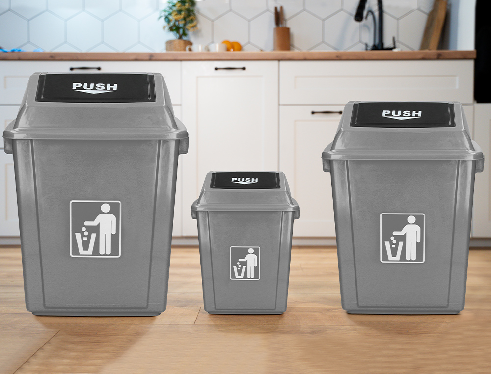 POUBELLE Q-CONNECT PLASTIQUE COUVERCLE BASCULANT OUVERTURE FACILE 2 POIGNÉES 58L 470X330X760MM COLORIS GRIS