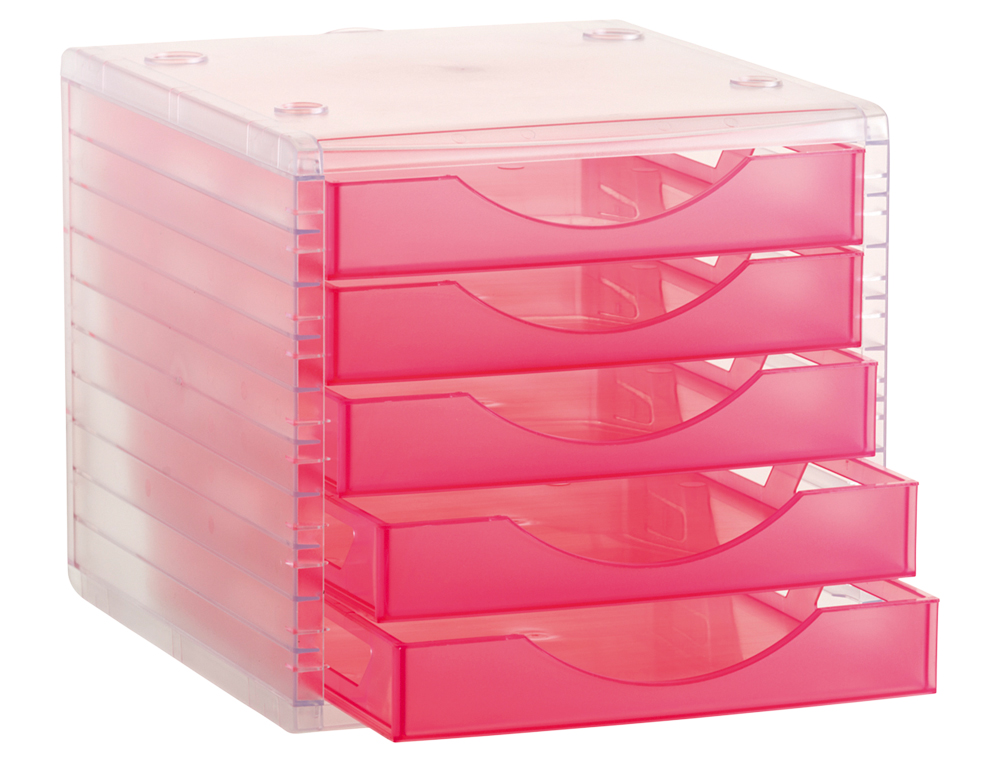 MODULE CLASSEMENT Q-CONNECT 5 TIROIRS OUVERTS BASE 340X270X260MM BUTE SCURIT COLORIS ROSE TRANSLUCIDE