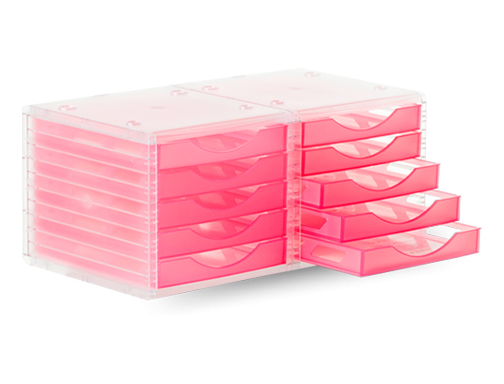 MODULE CLASSEMENT Q-CONNECT 5 TIROIRS OUVERTS BASE 340X270X260MM BUTE SCURIT COLORIS ROSE TRANSLUCIDE