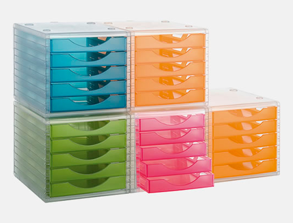 MODULE CLASSEMENT Q-CONNECT 5 TIROIRS OUVERTS BASE 340X270X260MM BUTE SCURIT COLORIS ROSE TRANSLUCIDE