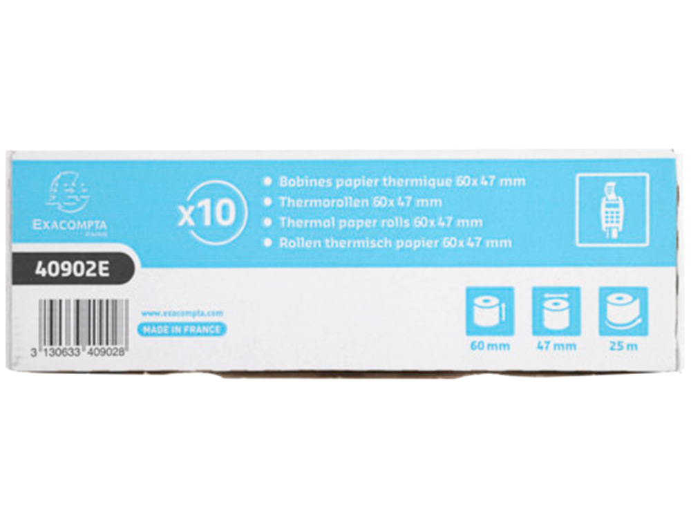 BOBINE THERMIQUE EXACOMPTA TICKETS CARTE BANCAIRE 1 PLI SANS BPA 60X47MM MANDRIN 12MM MÉTRAGE 25M BOÎTE 10 ROULEAUX