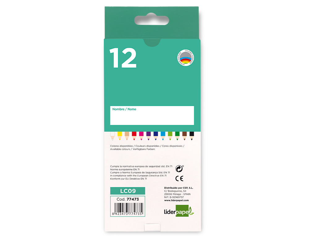 CRAYON COULEUR LIDERPAPEL AQUARELLABLE COLORIS ASSORTIS ÉTUI CARTON 12 UNITÉS