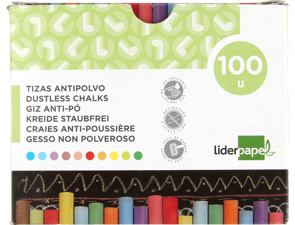 CRAIE LIDERPAPEL ENROBÉE RONDE ANTI-POUSSIÈRE TRACÉ ÉCRITURE DOUCE HYPOALLERGÉNIQUE COLORIS ASSORTIS BOÎTE 100 UNITÉS