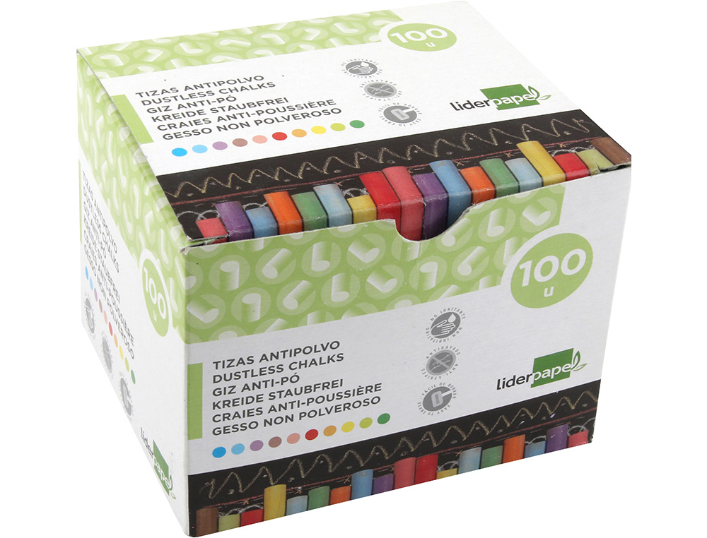 CRAIE LIDERPAPEL ENROBÉE RONDE ANTI-POUSSIÈRE TRACÉ ÉCRITURE DOUCE HYPOALLERGÉNIQUE COLORIS ASSORTIS BOÎTE 100 UNITÉS