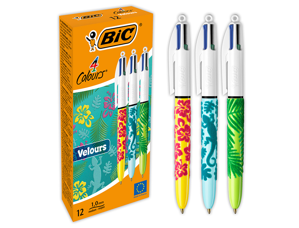 STYLO-BILLE BIC 4 COULEURS CLASSIQUES POINTE MOYENNE 1MM RETRACTABLE RECHARGEABLE CORPS TOUCHE VELOURS MOTIFS