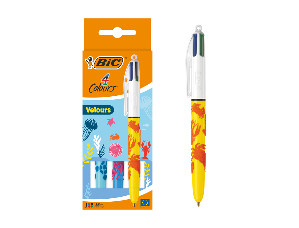 STYLO-BILLE BIC 4 COULEURS CLASSIQUES POINTE MOYENNE 1MM RETRACTABLE RECHARGEABLE CORPS EFFET VELOURS COFFRET 3