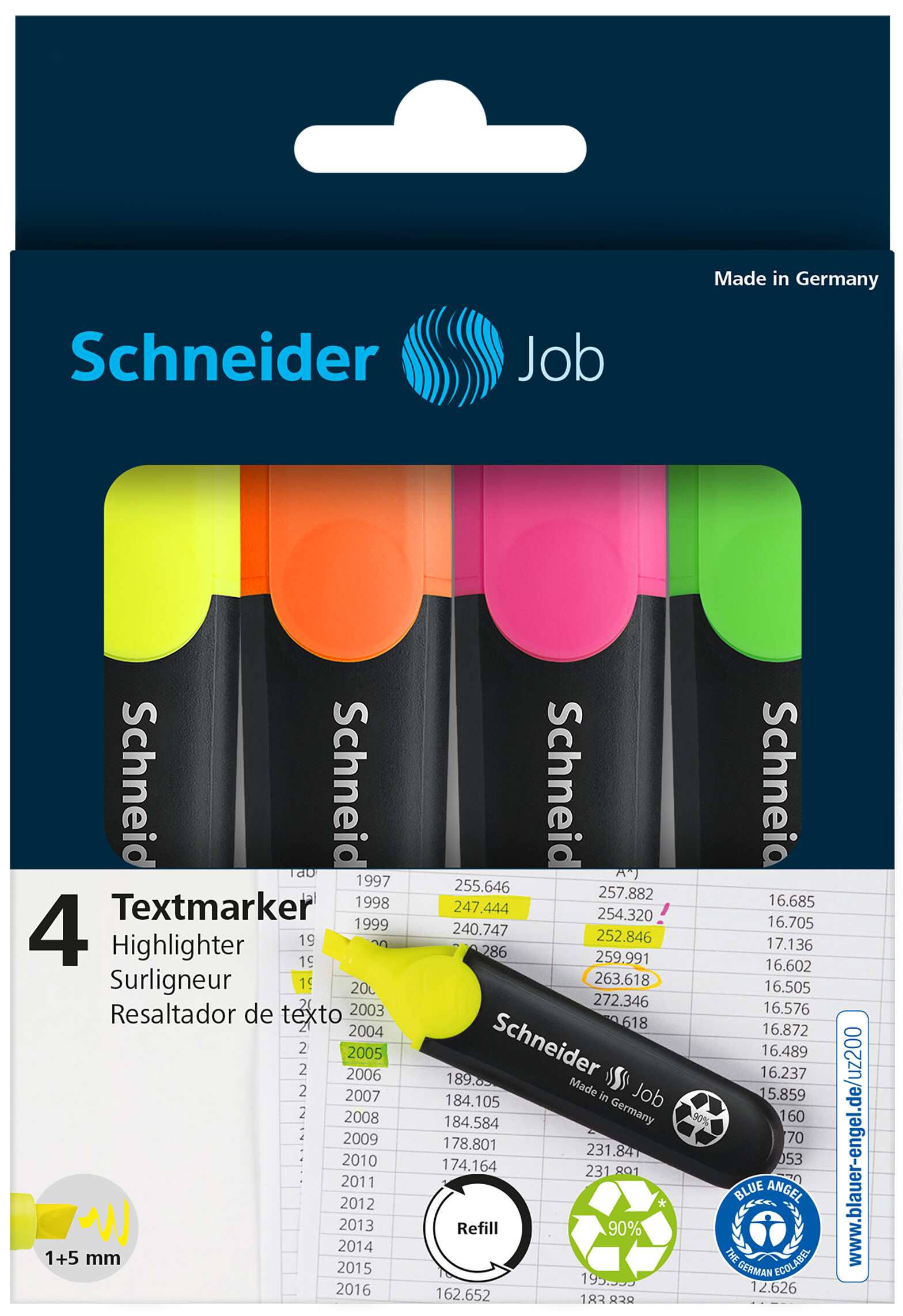 SURLIGNEUR SCHNEIDER JOB POINTE BISEAUTÉE RECHARGEABLE AVEC MAXX 660 REFILL STATION POCHETTE 4 COLORIS ASSORTIS