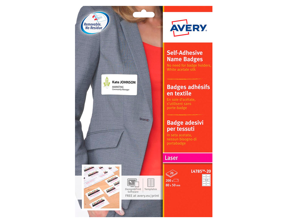 BADGE ADHESIF AVERY SOIE D'ACETATE SANS PVC PREDECOUPE IMPRESSION LASER 80X50MM COLORIS BLANC POCHETTE 200