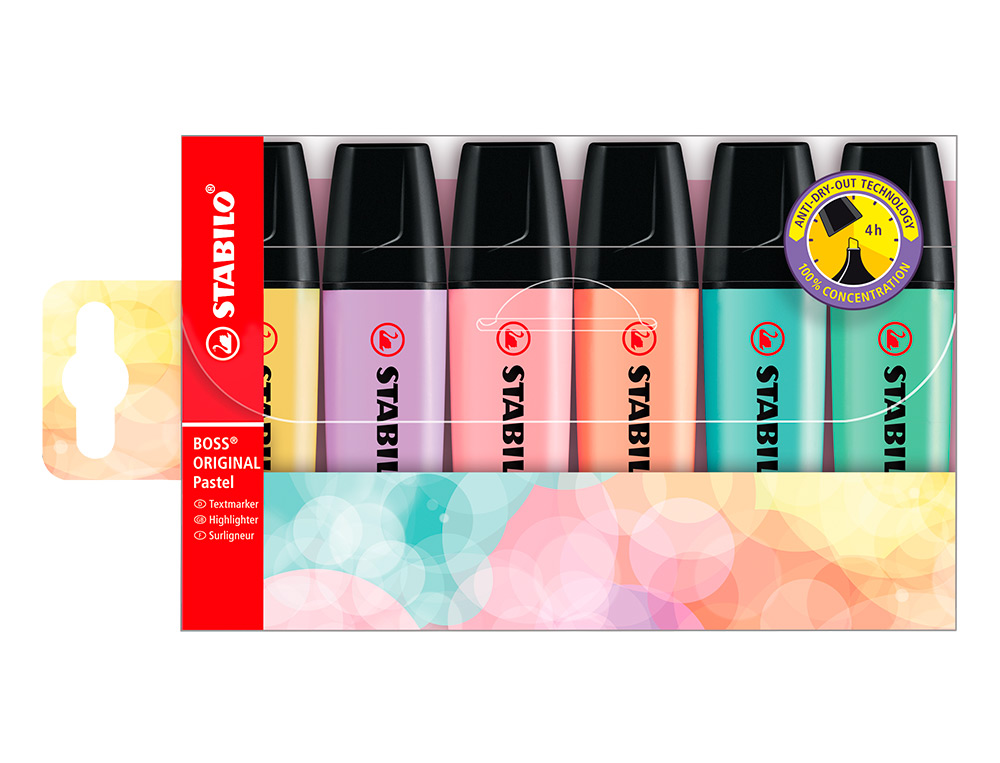 SURLIGNEUR STABILO BOSS PASTEL TRACÉ 2/5MM POINTE BISEAUTÉE ENCRE UNIVERSELLE BASE EAU RÉSISTANTE LUMIÈRE POCHETTE 6U