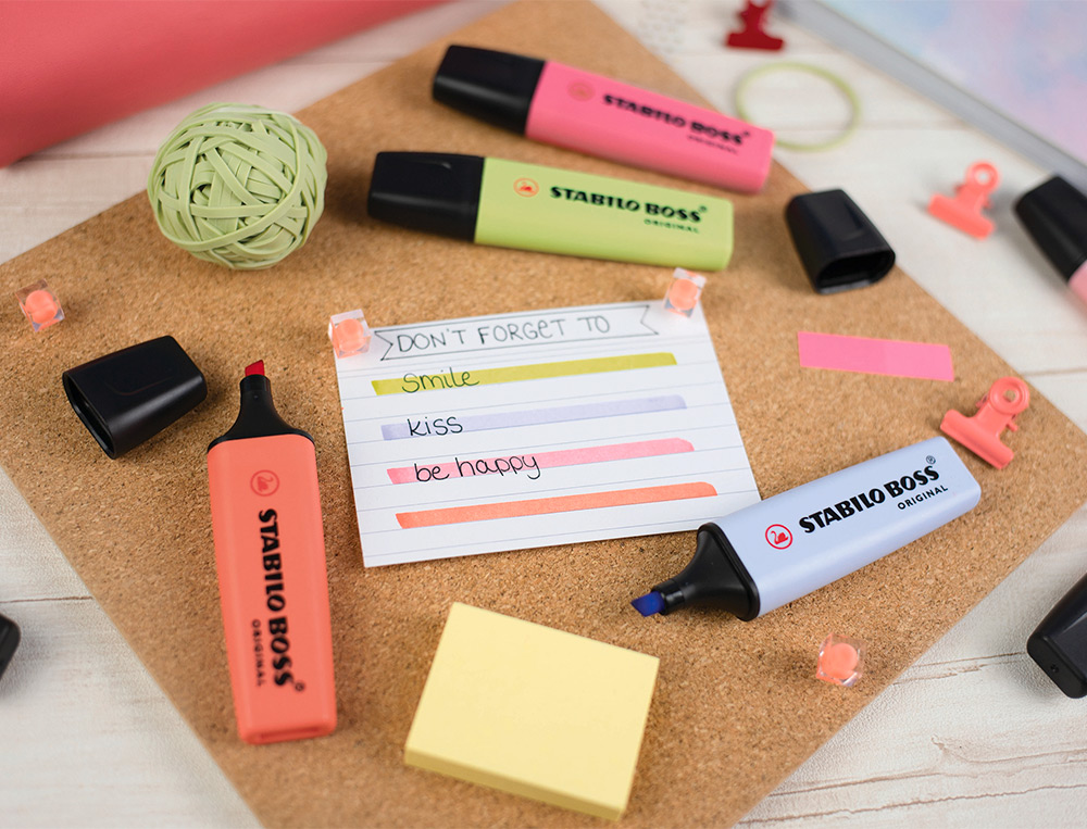 SURLIGNEUR STABILO BOSS PASTEL TRACÉ 2/5MM POINTE BISEAUTÉE ENCRE UNIVERSELLE BASE EAU RÉSISTANTE LUMIÈRE POCHETTE 6U