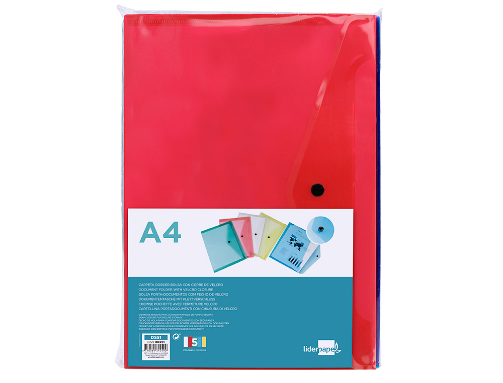 POCHETTE ENVELOPPE LIDERPAPEL POLYPROPYLÈNE 180 MICRONS A4 297X210MM 50F FERMETURE BOUTON COLORIS ASSORTIS PACK 5 UNITÉS