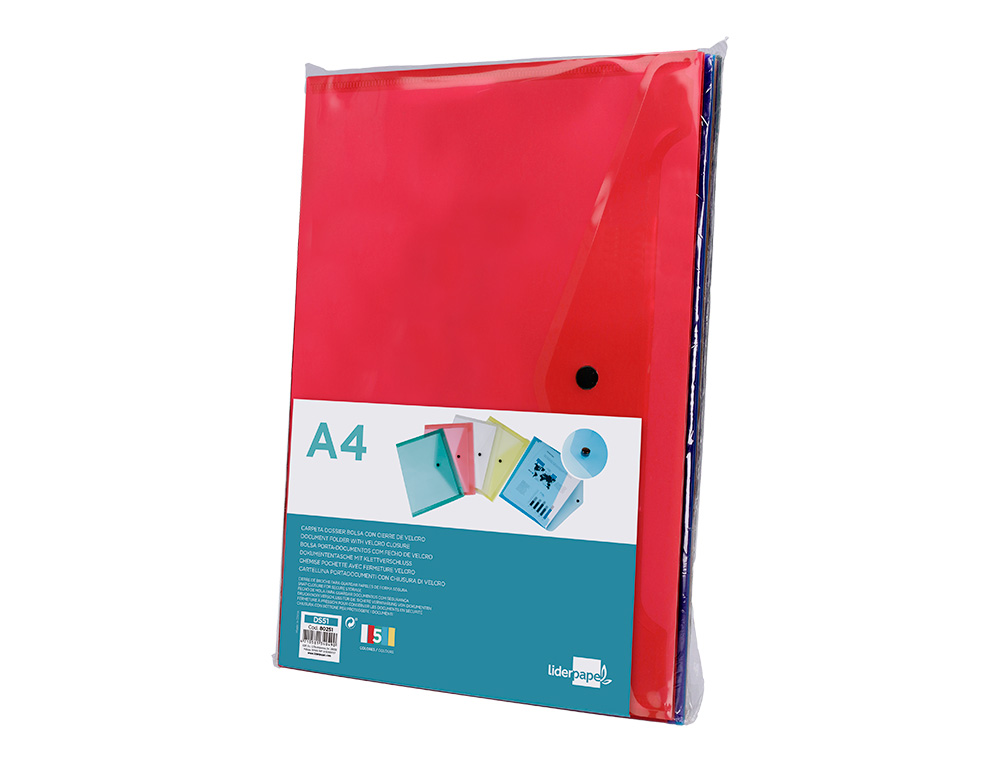 POCHETTE ENVELOPPE LIDERPAPEL POLYPROPYLÈNE 180 MICRONS A4 297X210MM 50F FERMETURE BOUTON COLORIS ASSORTIS PACK 5 UNITÉS