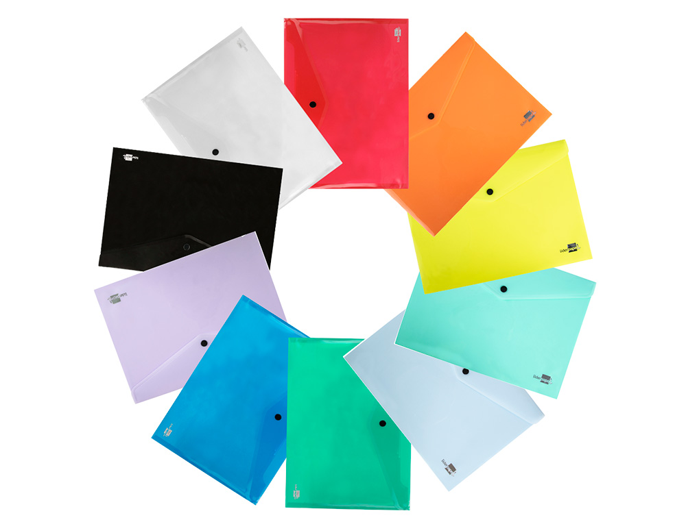 POCHETTE ENVELOPPE LIDERPAPEL POLYPROPYLÈNE 180 MICRONS A4 297X210MM 50F FERMETURE BOUTON COLORIS ASSORTIS PACK 5 UNITÉS
