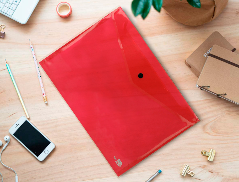 POCHETTE ENVELOPPE LIDERPAPEL POLYPROPYLÈNE 180 MICRONS A4 297X210MM 50F FERMETURE BOUTON COLORIS ASSORTIS PACK 5 UNITÉS