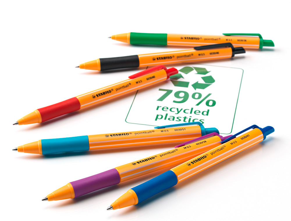 STYLO-BILLE STABILO POINTBALL RETRACTABLE RECHARGEABLE PLASTIQUE RECYCLE 3500M D'ECRITURE GRIP ANTIDERAPANT VERT