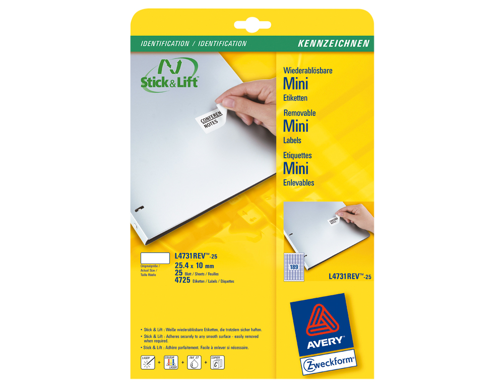 ÉTIQUETTE ADHÉSIVE AVERY PAPIER BLANC CERTIFIÉ FSC RECYCLABLE ENLEVABLE TOUTE IMPRIMANTE 10X25,4MM 4725 UNITÉS