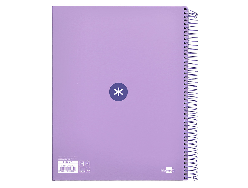 CAHIER SPIRALE LIDERPAPEL ANTARTIK A4 240P 100G REMBORDÉ QUADRILLAGE 5MM MICROPERFORÉ 5 BANDES 4 TROUS COLORIS LAVANDE
