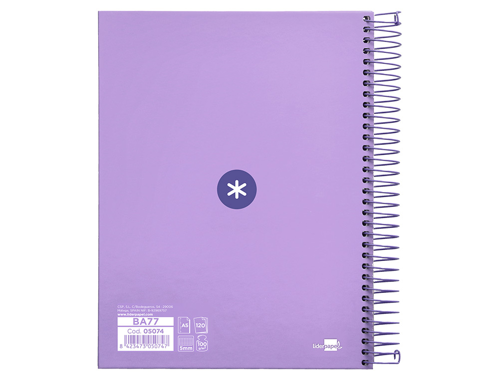 CAHIER SPIRALE ANTARTIK A5 14,8X21CM 240P 90G/M2 QUADRILLAGE 5MM 6 TROUS COIL-LOCK COLORIS LAVANDE