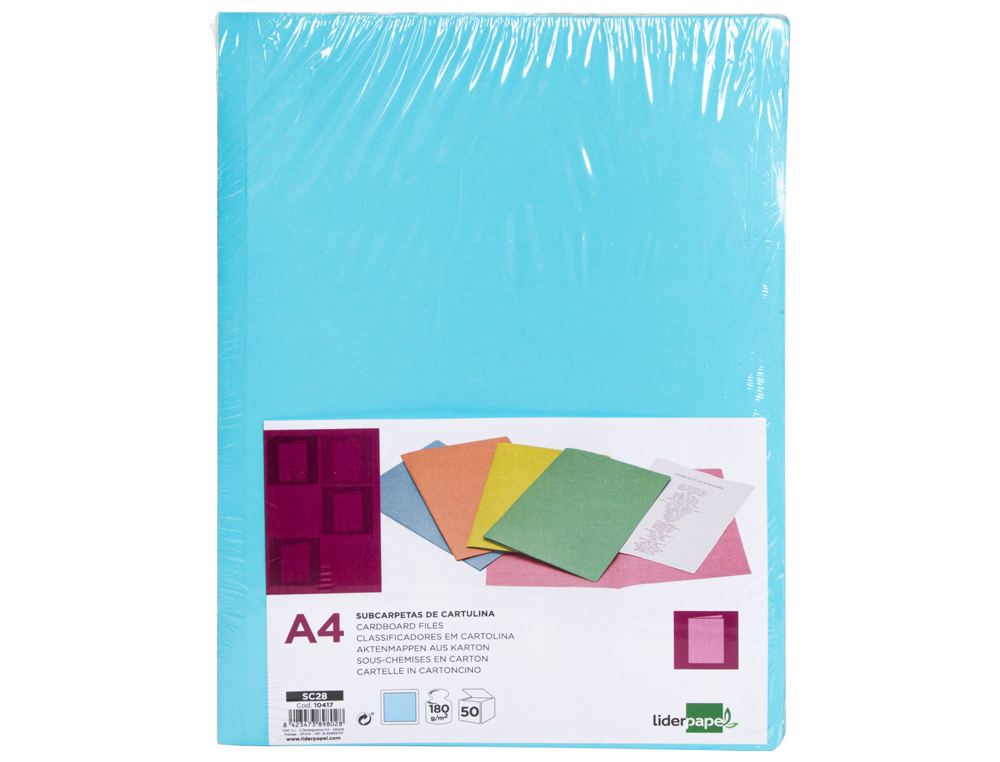 SOUS-CHEMISE LIDERPAPEL PAPIER CARTONNE 180G/M2       310X230MM DOCUMENT A4 COLORIS BLEU PASTEL