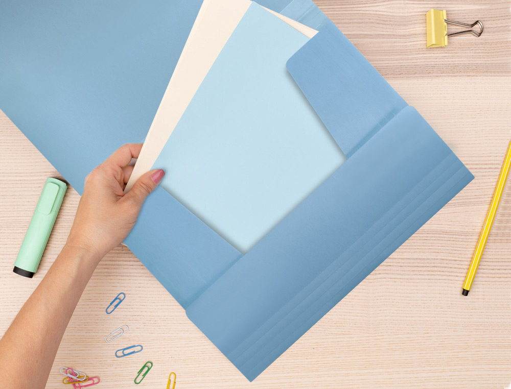 CHEMISE LIDERPAPEL POLYPROPYLENE DOS FLEXIBLE A4 210X297MM 4/10E 3 RABATS 100F ELASTIQUE BLEU CIEL OPAQUE