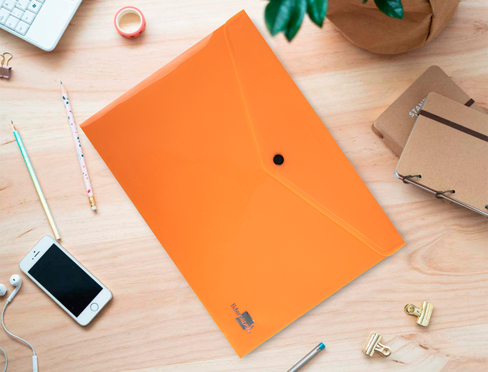 POCHETTE ENVELOPPE LIDERPAPEL POLYPROPYLENE 180 MICRONS A4  97X210MM 50F FERMETURE BOUTON ORANGE FLUO OPAQUE