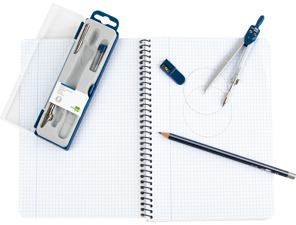 COMPAS LIDERPAPEL SCOLAIRE CIRCONFÉRENCE 38CM LONGUEUR 12.5CM TAILLE-MINES TIRE-LIGNE MINE 2MM