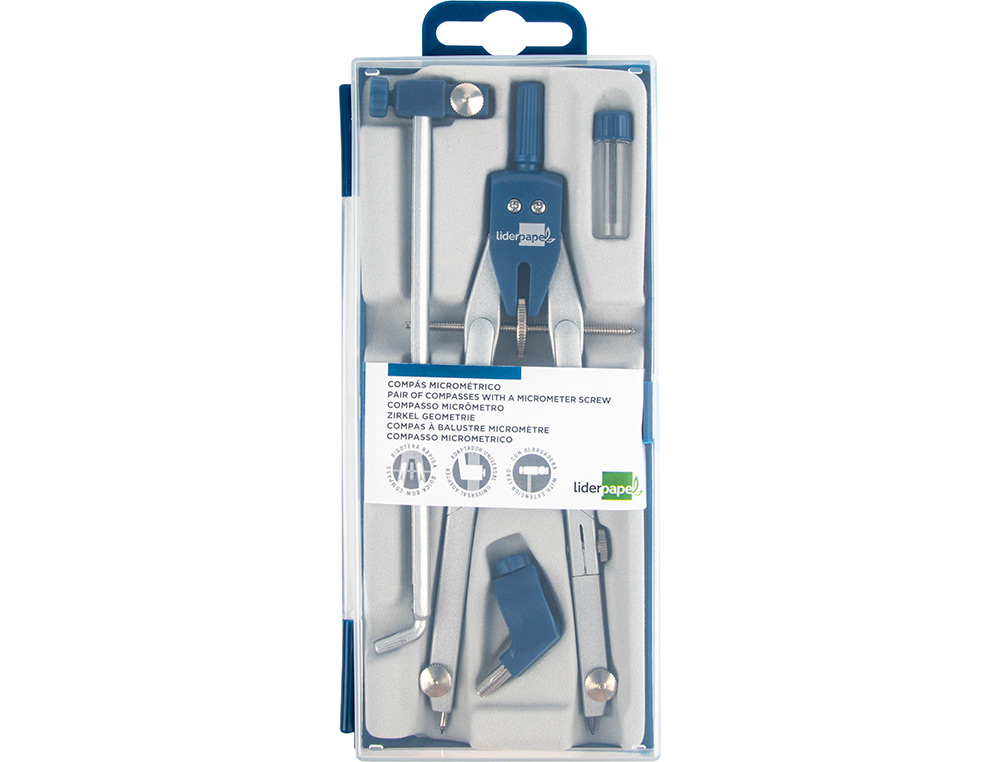 COMPAS LIDERPAPEL MICROMÉTRIQUE ARTICULÉ CIRCONFÉRENCE 38CM ALLONGE VIS RÉGLAGE RAPIDE BAGUE UNIVERSELLE MINE 2MM ÉTUI