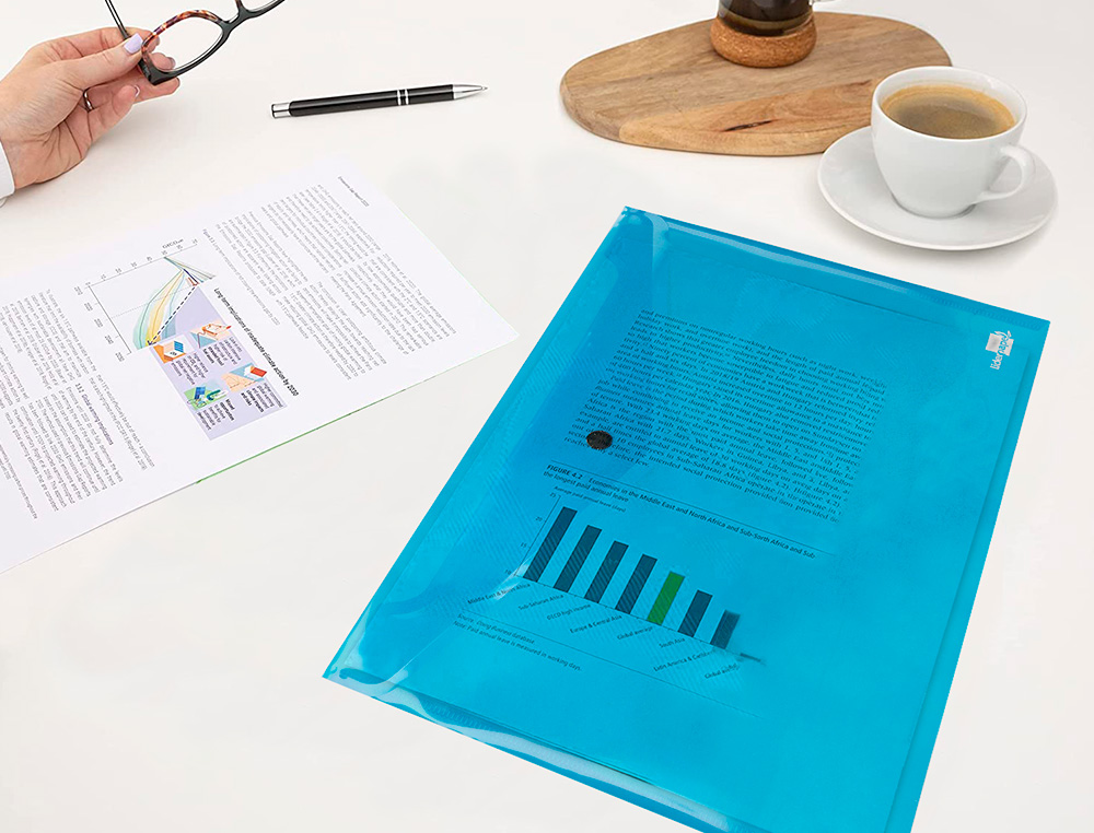 POCHETTE ENVELOPPE LIDERPAPEL POLYPROPYLÈNE 180 MICRONS A4 297X210MM 50F FERMETURE BOUTON RÉSISTANT TRANSPARENT BLEU