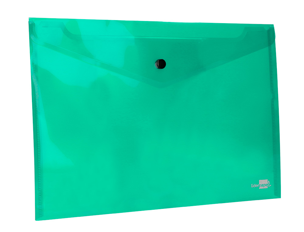 POCHETTE ENVELOPPE LIDERPAPEL POLYPROPYLNE 180 MICRONS A4 297X210MM 50F FERMETURE BOUTON RSISTANT TRANSPARENT VERT