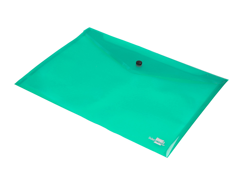 POCHETTE ENVELOPPE LIDERPAPEL POLYPROPYLNE 180 MICRONS A4 297X210MM 50F FERMETURE BOUTON RSISTANT TRANSPARENT VERT