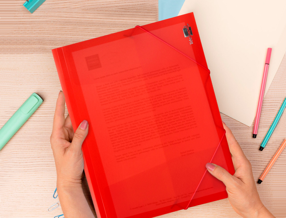 CHEMISE LIDERPAPEL POLYPROPYLÈNE DOS FLEXIBLE A4 210X297MM 4/10E 3 RABATS ÉLASTIQUE 100F COLORIS ROUGE TRANSLUCIDE