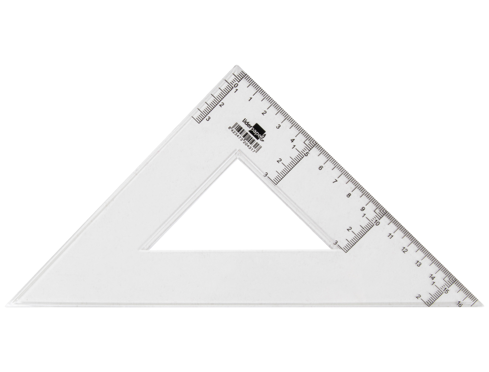 ÉQUERRE LIDERPAPEL 45 DEGRÉS BISEAUTÉE DIMENSION HYPOTÉNUSE 25CM GRADUÉE ÉCHELLE MILLIMÈTRES TRANSPARENTE ÉCONOMIQUE