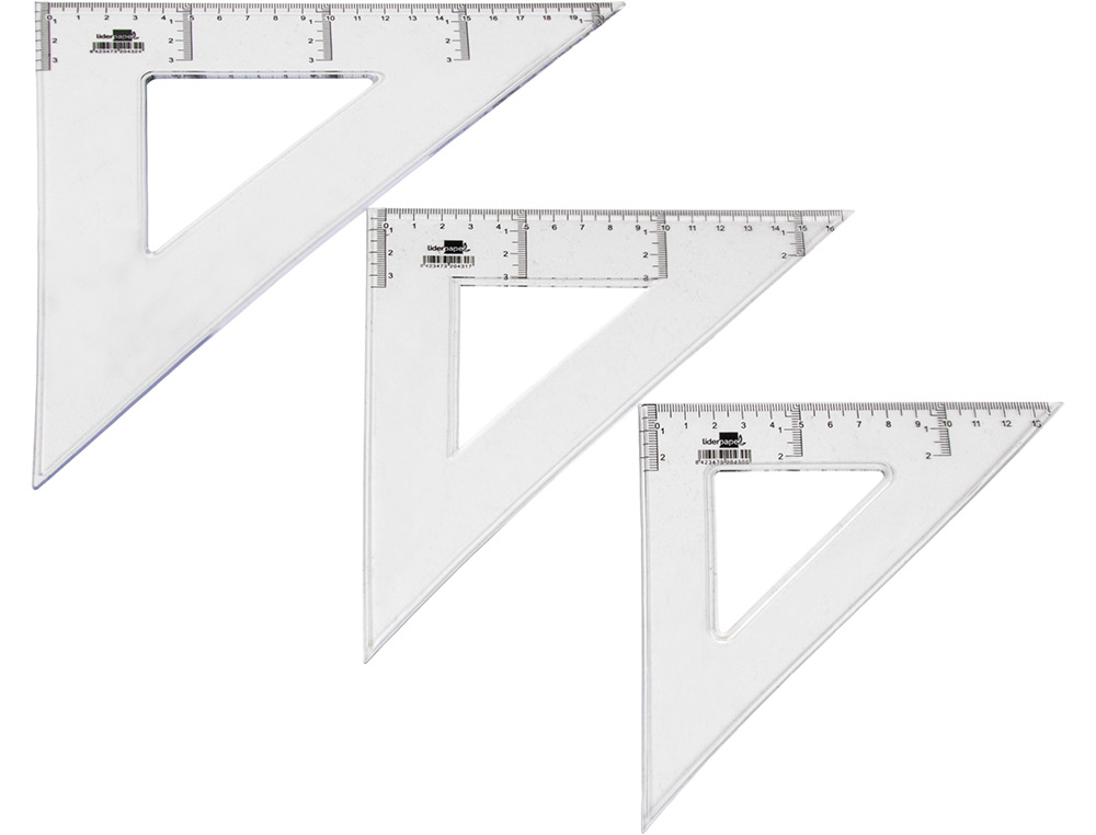 ÉQUERRE LIDERPAPEL 45 DEGRÉS BISEAUTÉE DIMENSION HYPOTÉNUSE 25CM GRADUÉE ÉCHELLE MILLIMÈTRES TRANSPARENTE ÉCONOMIQUE
