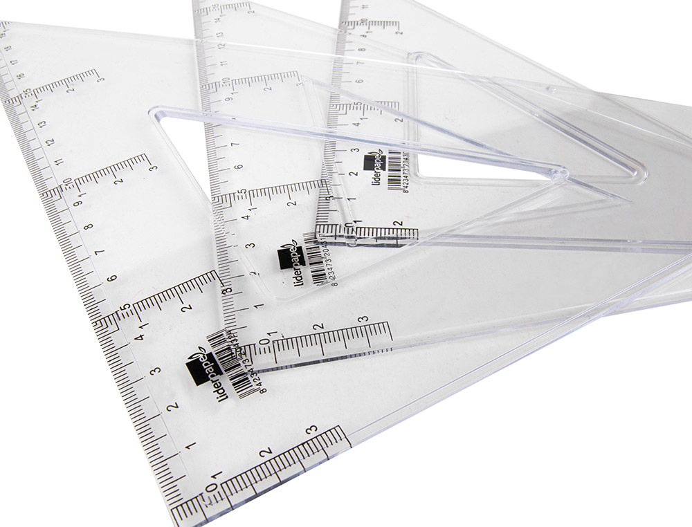 ÉQUERRE LIDERPAPEL 45 DEGRÉS BISEAUTÉE DIMENSION HYPOTÉNUSE 25CM GRADUÉE ÉCHELLE MILLIMÈTRES TRANSPARENTE ÉCONOMIQUE