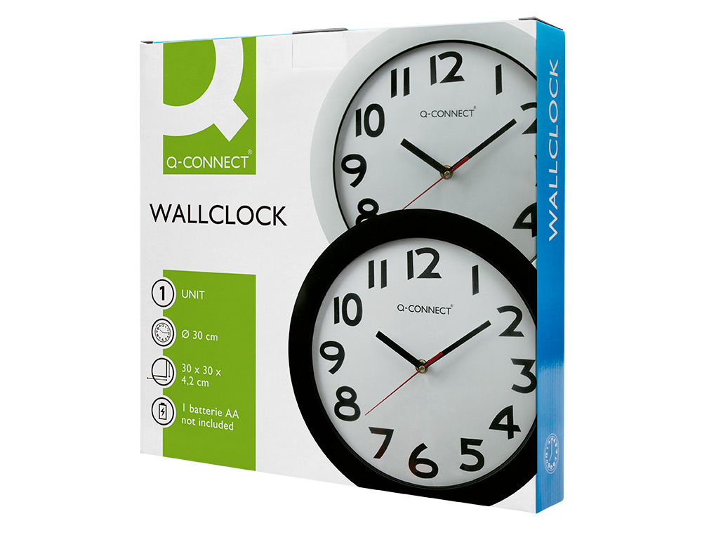 HORLOGE Q-CONNECT MURALE PLASTIQUE DESIGN ACTUEL NUMÉROS NOIRS FOND BLANC 1 PILE AA NON FOURNIE DIAMÈTRE 30CM BLANC