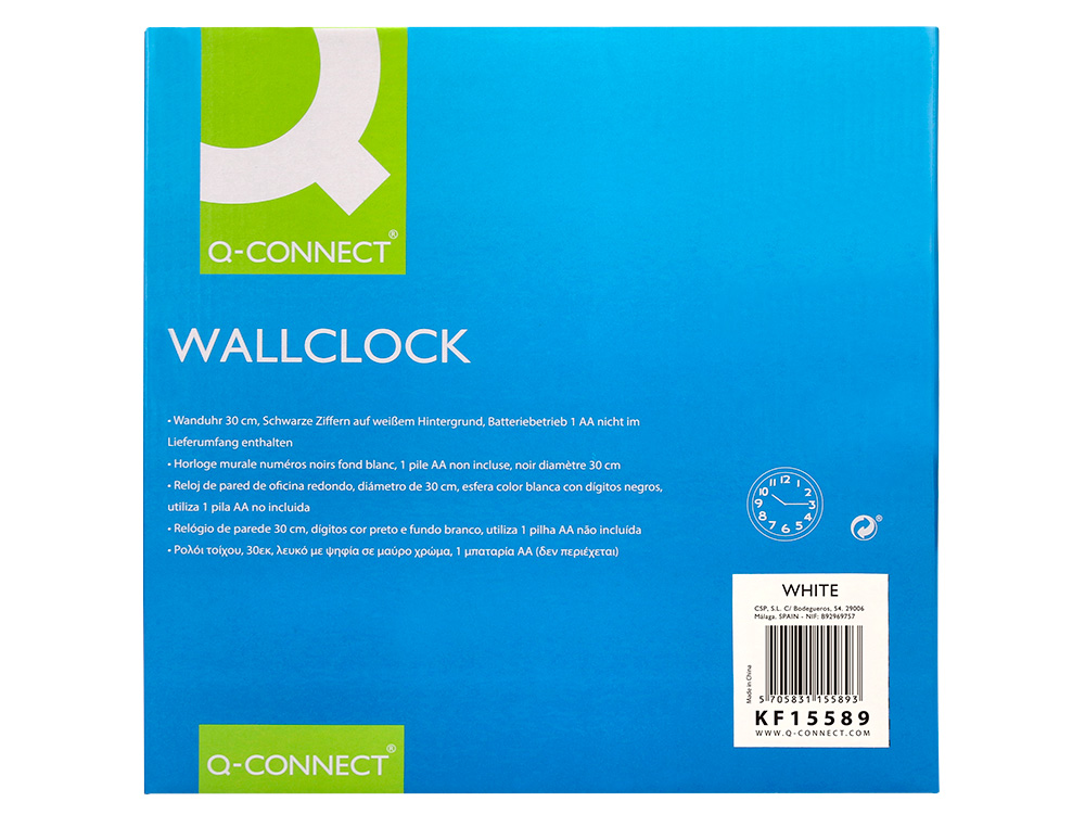HORLOGE Q-CONNECT MURALE PLASTIQUE DESIGN ACTUEL NUMÉROS NOIRS FOND BLANC 1 PILE AA NON FOURNIE DIAMÈTRE 30CM BLANC