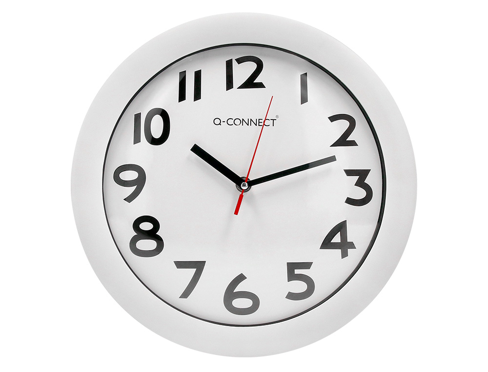 HORLOGE Q-CONNECT MURALE PLASTIQUE DESIGN ACTUEL NUMÉROS NOIRS FOND BLANC 1 PILE AA NON FOURNIE DIAMÈTRE 30CM BLANC