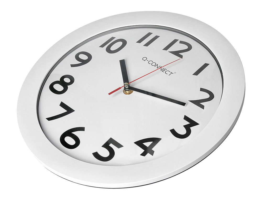 HORLOGE Q-CONNECT MURALE PLASTIQUE DESIGN ACTUEL NUMÉROS NOIRS FOND BLANC 1 PILE AA NON FOURNIE DIAMÈTRE 30CM BLANC