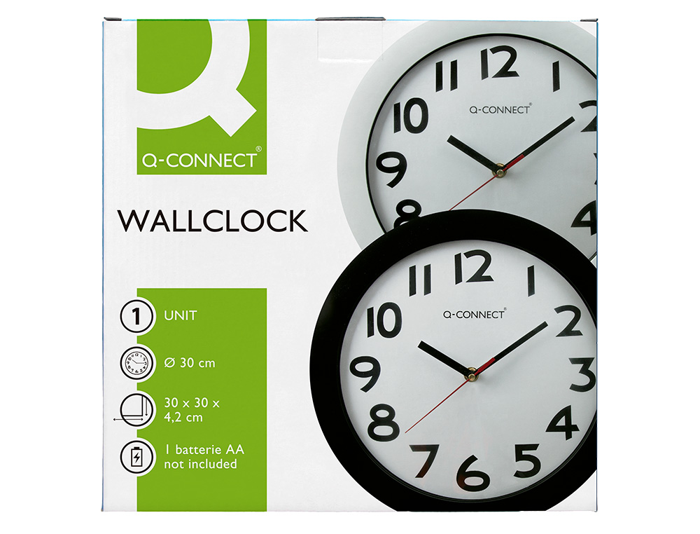 HORLOGE Q-CONNECT MURALE PLASTIQUE DESIGN ACTUEL NUMÉROS NOIRS FOND BLANC 1 PILE AA NON FOURNIE DIAMÈTRE 30CM NOIR